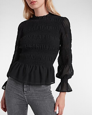 Smocked Balloon Sleeve Peplum Top