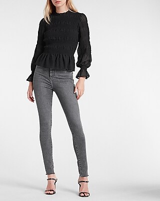 Smocked Balloon Sleeve Peplum Top