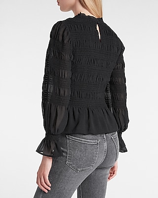 Smocked Balloon Sleeve Peplum Top