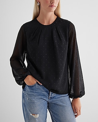 Metallic Dot Gathered Crew Neck Top | Express