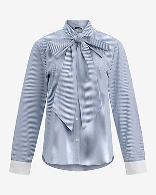 Cotton Poplin Striped Tie Neck Shirt