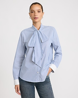 Cotton Poplin Striped Tie Neck Shirt