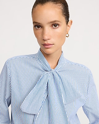 Cotton Poplin Striped Tie Neck Shirt