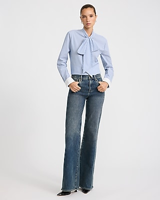 Cotton Poplin Striped Tie Neck Shirt