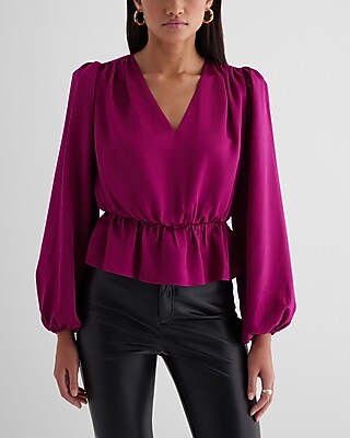 Long Sleeve V-Neck Peplum Top - thumbnail 7