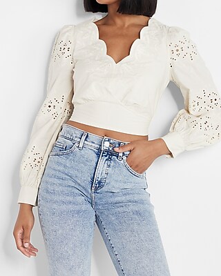 Embroidered Eyelet Sleeve Cropped Top | Express
