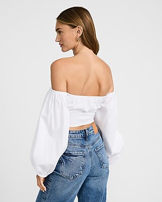 Poplin Off The Shoulder Long Sleeve Cropped Top - image 2