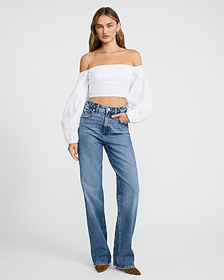 Poplin Off The Shoulder Long Sleeve Cropped Top - image 3