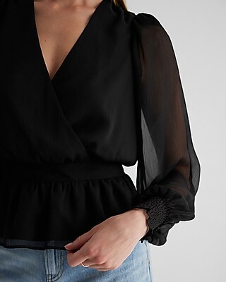 V-Neck Smocked Cuff Peplum Top