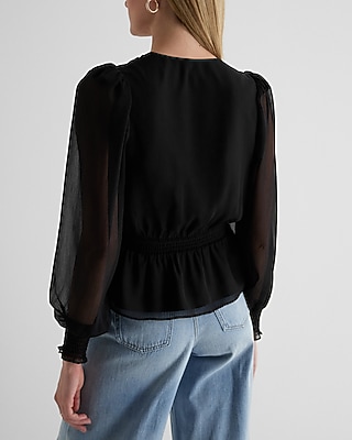 V-Neck Smocked Cuff Peplum Top