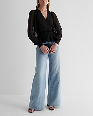 V-Neck Smocked Cuff Peplum Top