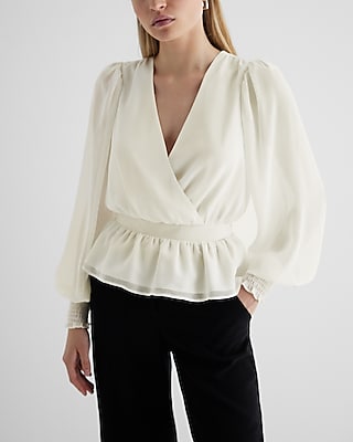 V-Neck Smocked Cuff Peplum Top