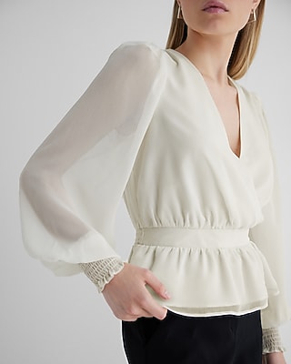 V-Neck Smocked Cuff Peplum Top