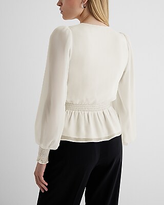 V-Neck Smocked Cuff Peplum Top