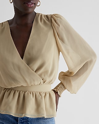 V-Neck Smocked Cuff Peplum Top