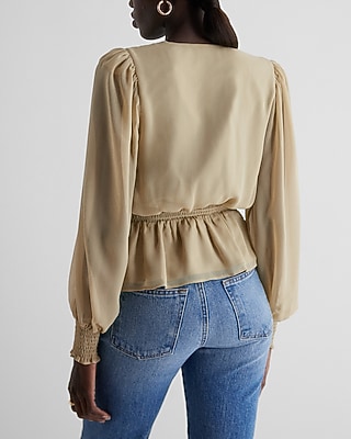 V-Neck Smocked Cuff Peplum Top