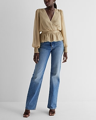 V-Neck Smocked Cuff Peplum Top