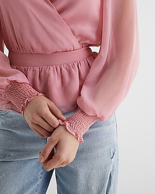 V-Neck Smocked Cuff Peplum Top