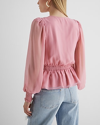 V-Neck Smocked Cuff Peplum Top