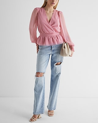 V-Neck Smocked Cuff Peplum Top