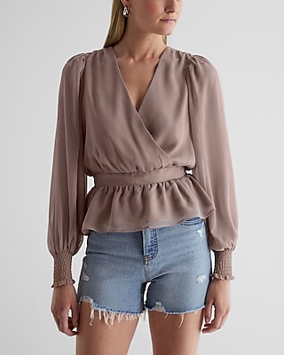 V-Neck Smocked Cuff Peplum Top