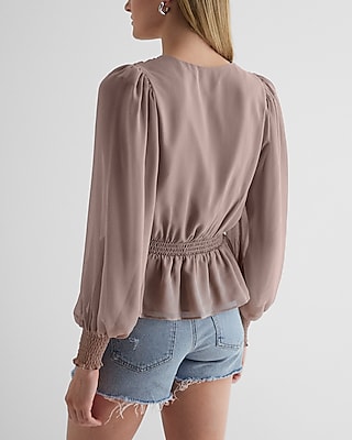 V-Neck Smocked Cuff Peplum Top