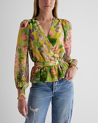 Floral V-Neck Smocked Cuff Peplum Top