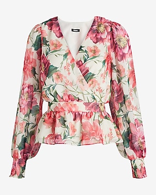 Floral V-Neck Smocked Cuff Peplum Top