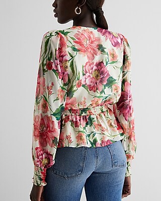 Floral V-Neck Smocked Cuff Peplum Top