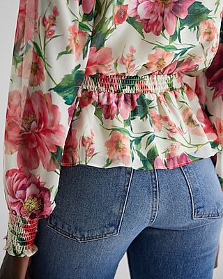 Floral V-Neck Smocked Cuff Peplum Top