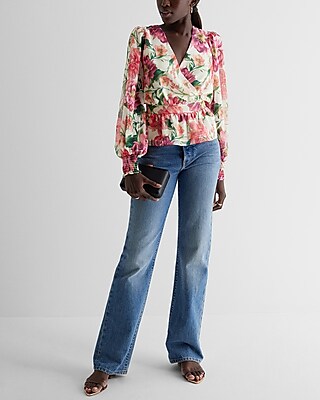 Floral V-Neck Smocked Cuff Peplum Top