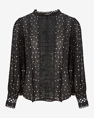 Metallic Dot Eyelet Lace Button Up Long Sleeve Top - image 4