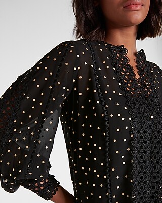 Metallic Dot Eyelet Lace Button Up Long Sleeve Top - image 2