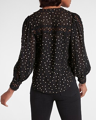 Metallic Dot Eyelet Lace Button Up Long Sleeve Top - image 3