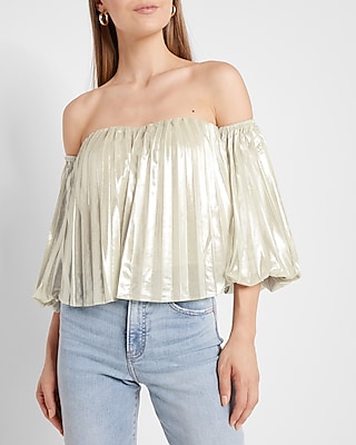 Metallic Pleated Off The Shoulder Balloon Sleeve Top | Express