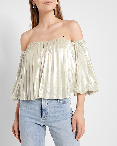 Metallic Pleated Off The Shoulder Balloon Sleeve Top