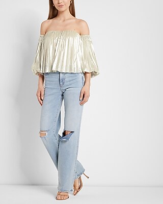 Metallic Pleated Off The Shoulder Balloon Sleeve Top