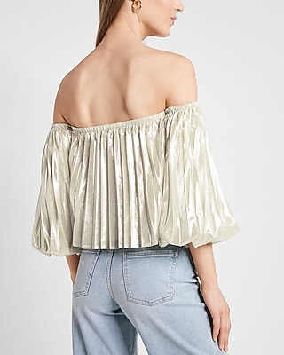 Metallic Pleated Off The Shoulder Balloon Sleeve Top