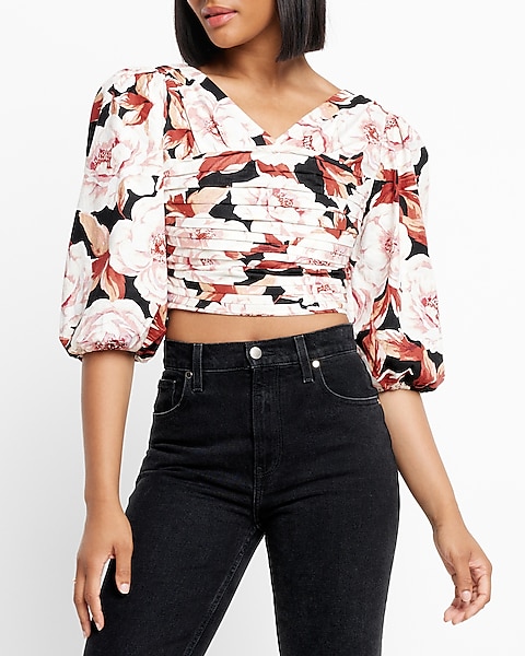 Floral Print Linen-blend Ruched Cropped Top | Express