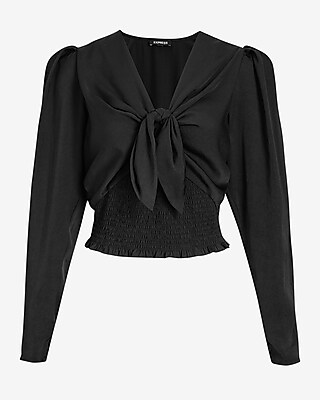 EX LS TIE FRONT SMOCKED WAIST DEEP VEE BLS SATIN 9708706:PITCH BLACK:XXS