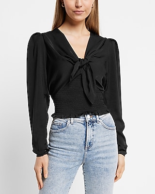 EX LS TIE FRONT SMOCKED WAIST DEEP VEE BLS SATIN 9708706:PITCH BLACK:XXS