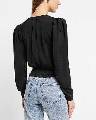 EX LS TIE FRONT SMOCKED WAIST DEEP VEE BLS SATIN 9708706:PITCH BLACK:XXS