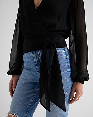 V-Neck Faux Wrap Tie Waist Top