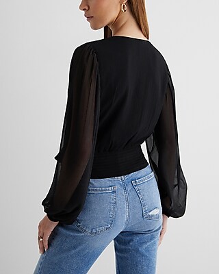 V-Neck Faux Wrap Tie Waist Top