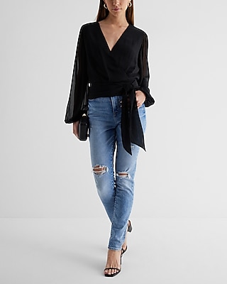 V-Neck Faux Wrap Tie Waist Top