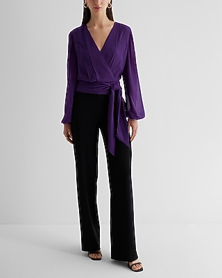 V-Neck Faux Wrap Tie Waist Top