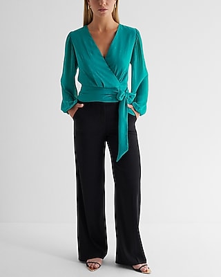 V-Neck Faux Wrap Tie Waist Top