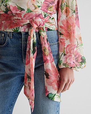 Floral Tie Banded Bottom Faux Wrap Top