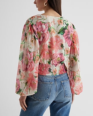 Floral Tie Banded Bottom Faux Wrap Top