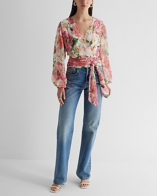 Floral Tie Banded Bottom Faux Wrap Top